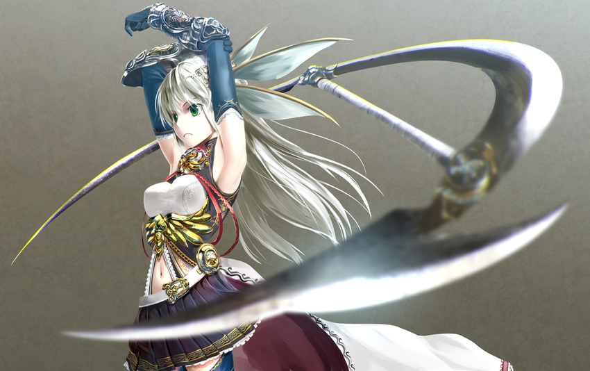 elbow_gloves female gloves green_eyes kouji_(astral_reverie) navel original skirt solo weapon