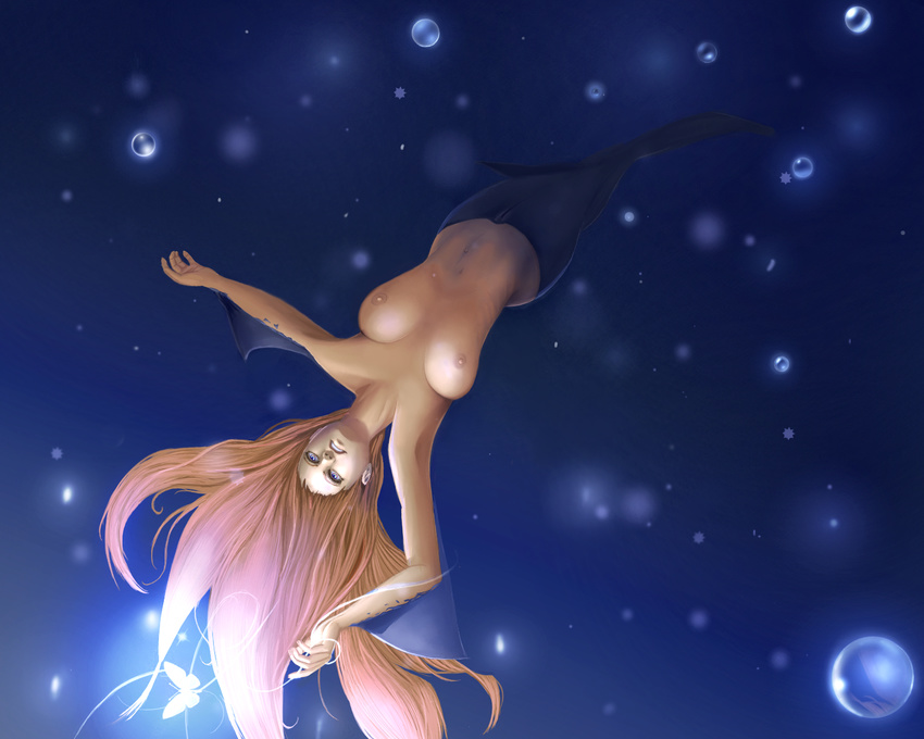 1girl blackknight23 blue_eyes bubbles butterfly dolphin fish green_eyes naked nude red_eyes red_hair reflection underwater water