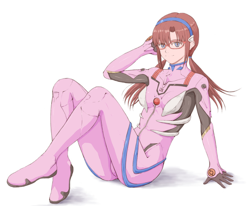 1girl arm_support blue_eyes blue_hairband bodysuit breasts brown_hair floating_hair full_body glasses hairband hand_in_hair long_hair looking_at_viewer makinami_mari_illustrious medium_breasts neon_genesis_evangelion pink_bodysuit plugsuit popo_agaga rebuild_of_evangelion red-framed_eyewear shiny shiny_hair simple_background sitting smile solo twintails white_background
