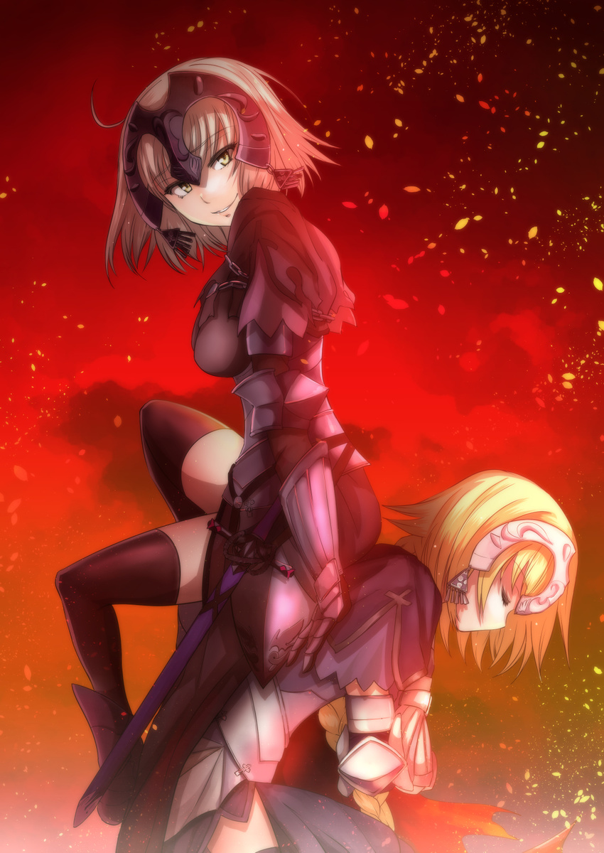 armor armored_dress black_legwear braid chain closed_eyes commentary_request dual_persona fate/apocrypha fate/grand_order fate_(series) gauntlets grimjin headpiece highres jeanne_d'arc_(alter)_(fate) jeanne_d'arc_(fate) jeanne_d'arc_(fate)_(all) kneeling looking_at_viewer multiple_girls sheath sheathed single_braid sitting sitting_on_person smile sword thighhighs weapon yellow_eyes zettai_ryouiki