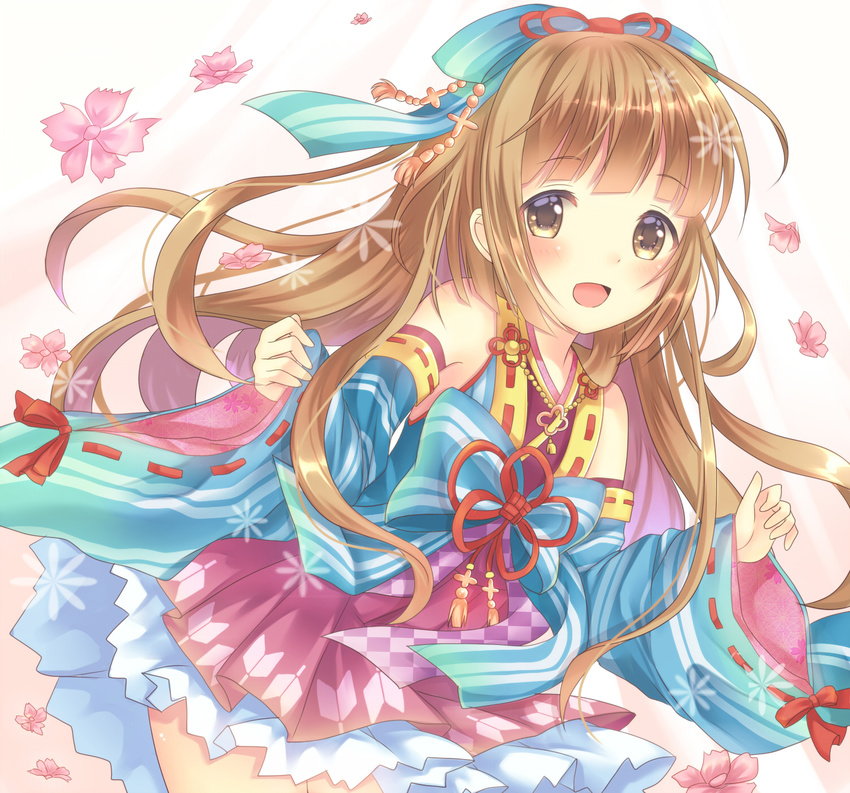 bare_shoulders bell brown_eyes brown_hair cherry_blossoms cowboy_shot detached_sleeves hair_bell hair_ornament harukaruha highres idolmaster idolmaster_cinderella_girls japanese_clothes kimono long_hair long_sleeves open_mouth ribbon-trimmed_sleeves ribbon_trim sash smile solo very_long_hair wavy_hair wide_sleeves yorita_yoshino