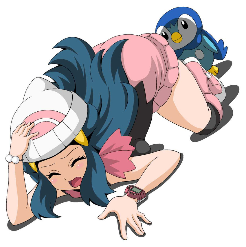 black_legwear blue_hair blush_stickers boots closed_eyes fallen_down gen_4_pokemon hat highres hikari_(pokemon) implied_pantyshot jpeg_artifacts knee_boots koutarosu long_hair miniskirt open_mouth over-kneehighs pink_footwear piplup pokemon pokemon_(creature) simple_background skirt thighhighs white_background