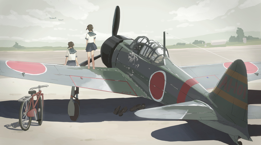 a6m_zero aircraft airplane bad_id bad_pixiv_id barefoot bicycle flying from_behind fubuki_(kantai_collection) ground_vehicle highres kantai_collection makio_(makiomeigenbot) multiple_girls pleated_skirt propeller sailor_collar shirayuki_(kantai_collection) shoes shoes_removed sitting skirt standing