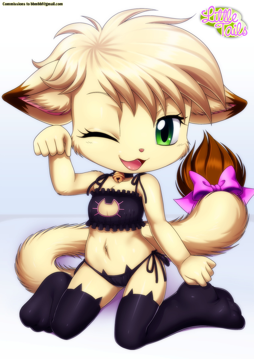 2016 annie_(little_tails) bbmbbf bell bra cat clothing collar cute feline female inviting legwear little_tails mammal one_eye_closed palcomix ribbons stockings thong underwear