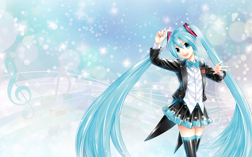 aqua_eyes aqua_hair bow hatsune_miku highres kei_(keigarou) long_hair miku_symphony_(vocaloid) miniskirt skirt smile solo tailcoat thighhighs twintails very_long_hair vocaloid wallpaper zettai_ryouiki