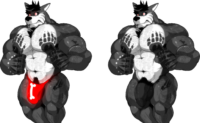 2016 abs anthro balls beard biceps big_muscles big_nipple big_penis bulge butch_(cursedmarked) canine clothing cursedmarked facial_hair fur hair humanoid_penis male mammal muscular muscular_male nipples nude pecs penis red_eyes solo surprise tattoo teeth thong underwear video_games white_fur