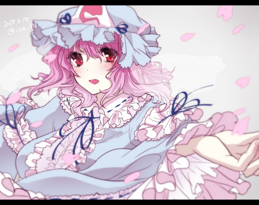 :d blue_dress blue_ribbon blush cherry_blossoms commentary_request dated dress frilled_dress frills hat hat_ribbon ice_(aitsugai) japanese_clothes letterboxed long_sleeves looking_at_viewer mob_cap neck_ribbon open_mouth petals pink_eyes pink_hair ribbon ribbon-trimmed_sleeves ribbon_trim saigyouji_yuyuko short_hair smile solo touhou triangular_headpiece twitter_username upper_body veil wide_sleeves