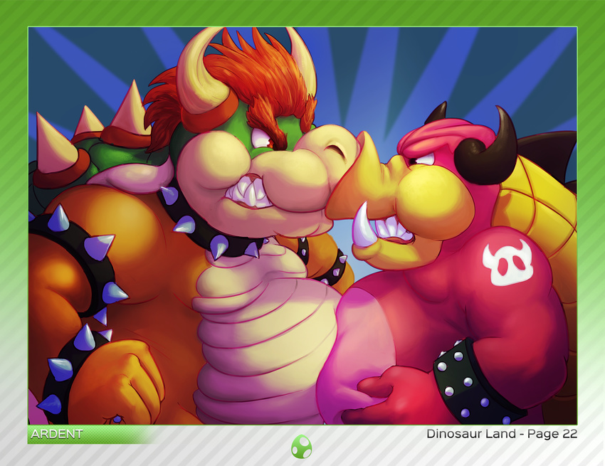 2016 4_fingers abstract_background absurd_res angry anthro blue_background border collar duo english_text eye_contact hair hand_on_stomach hi_res horn male mammal mario_and_luigi_(series) mario_bros midbus nintendo orange_scales overweight pig pink_body porcine red_eyes red_hair scales scalie sharp_teeth simple_background spiked_bracelet spiked_collar standing teeth text the-b3ing video_games
