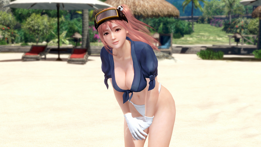 beach breasts dead_or_alive dead_or_alive_5 honoka_(doa) large_breasts midriff official_art pink_hair solo tecmo wallpaper