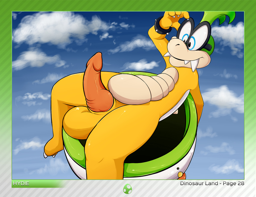 2016 4_fingers absurd_res anthro balls blue_background border canvaskat cloud english_text erection eyewear glasses hi_res iggy_koopa knot koopa koopa_clown_car koopaling looking_at_self male mario_bros nintendo orange_scales penis scales scalie simple_background sky solo spiked_bracelet text video_games