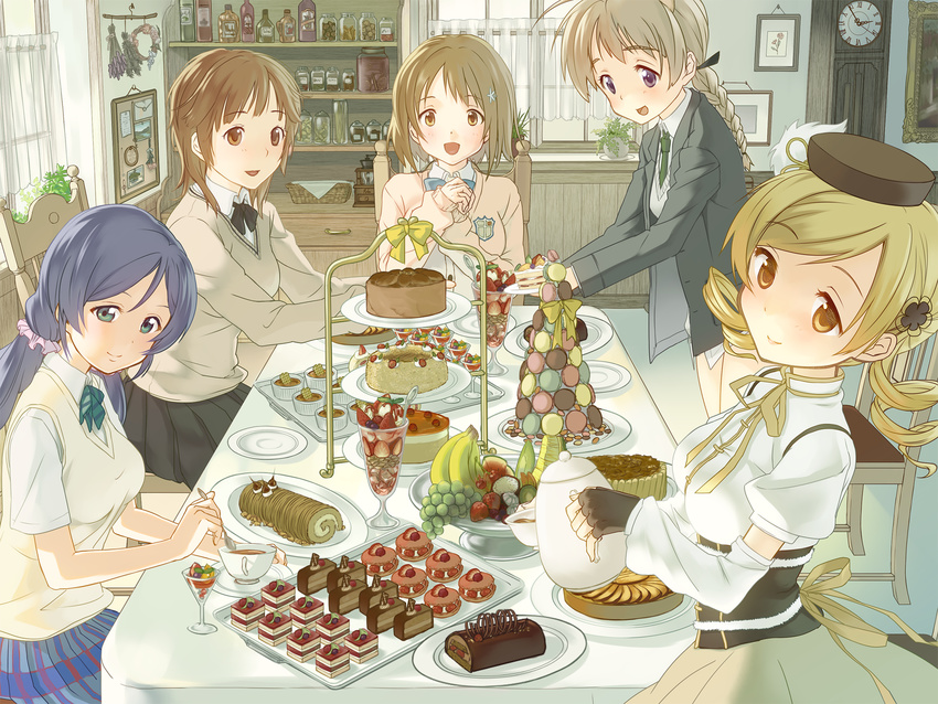 :d amagami aqua_eyes badge banana bangs basket beret black_bow black_gloves black_hat black_neckwear black_ribbon blazer blonde_hair blue_bow blue_eyes blue_hair blue_neckwear blue_skirt blush board bottle bottomless bouquet bow bowtie braid breasts brown_eyes brown_hair cake chair cherry chocolate chocolate_cake clock closed_mouth coffee_grinder collared_shirt corset crossover cup curtains dessert detached_sleeves dragon_fruit drawer dress_shirt drill_hair drinking_glass envelope eyebrows eyebrows_visible_through_hair eyelashes fingerless_gloves flower food food_request frame fruit fur_trim gloves grandfather_clock grapes grass green_neckwear hair_flower hair_ornament hair_ribbon hair_scrunchie hat head_tilt head_wreath herb_bundle highres holding holding_cup holding_spoon idolmaster idolmaster_cinderella_girls indoors jacket jam jar juice kitchen kiwifruit large_breasts letter long_sleeves love_live! love_live!_school_idol_project low_twintails lynette_bishop macaron mahou_shoujo_madoka_magica mangosteen melon mimura_kanako miniskirt multiple_crossover multiple_girls necktie note nut_(food) open_mouth paper parfait pasta pastry photo_(object) pink_scrunchie plaid plaid_skirt plant plate pleated_skirt potted_plant purple_eyes red_eyes ribbon sakurai_rihoko saucer scrunchie serving shirt short_hair short_sleeves silver_hair single_braid sitting skirt slice_of_cake smile spaghetti spoon strawberry strike_witches sweater sweater_vest swept_bangs table tea tea_party teacup teapot tiered_tray tomiwo tomoe_mami toujou_nozomi tray twin_drills twintails watermelon white_shirt window world_witches_series yellow_bow yellow_eyes yellow_ribbon yellow_skirt