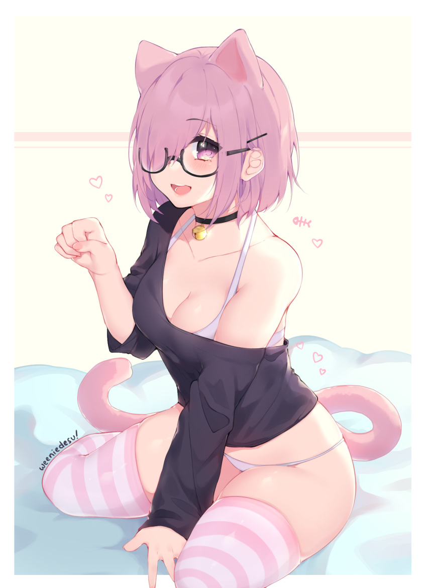 animal_ears bangs bell blush bra breasts cat_ears cat_girl cat_tail cleavage collarbone eyebrows_visible_through_hair fate/grand_order fate_(series) fish_bone glasses hair_over_one_eye heart highres jingle_bell looking_at_viewer mash_kyrielight medium_breasts megane open_mouth panties pastel_colors paw_pose pink_hair purple_eyes seiza short_hair signature simple_background sitting smile solo swept_bangs tail thighhighs thighs twitter_username underwear weeniedesu white_panties yellow_background