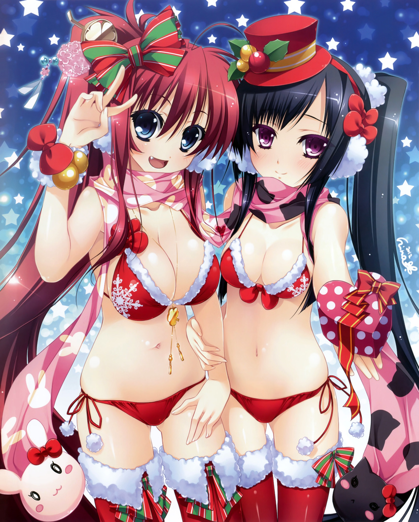 :3 :d absurdres ahoge appare!_tenka_gomen bell bikini blue_eyes blue_hair bow box breasts christmas cleavage collarbone earmuffs fang front-tie_top fur-trimmed_bikini fur_trim gift gift_box hair_bow hair_ornament hair_ribbon hat heart-shaped_box highres huge_filesize katagiri_hinata large_breasts long_hair medium_breasts mini_hat mini_top_hat multiple_girls navel open_mouth ponytail print_bikini purple_eyes red_bikini red_hair red_legwear ribbon scan scarf shared_scarf shiny shiny_skin side-tie_bikini side_ponytail smile star swimsuit thighhighs tokugawa_eimi tokugawa_yoshine top_hat v very_long_hair