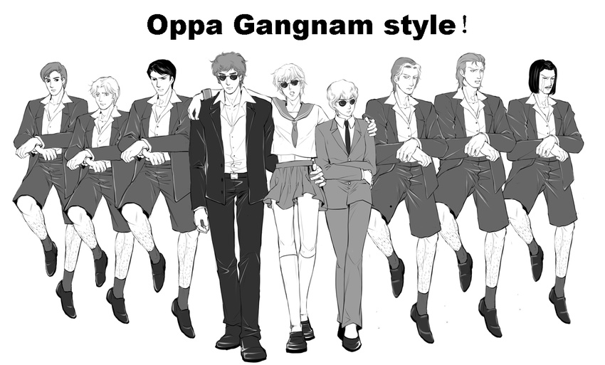 6+boys crossdressing ernest_mecklinger facial_hair formal fritz_josef_bittenfeld gangnam_style ginga_eiyuu_densetsu greyscale hildegard_von_mariendorf miyasaki1130 monochrome multiple_boys mustache necktie neithardt_muller oskar_von_reuenthal parody paul_von_oberstein reinhard_von_lohengramm school_uniform serafuku short_hair siegfried_kircheis suit sunglasses wolfgang_mittermeyer