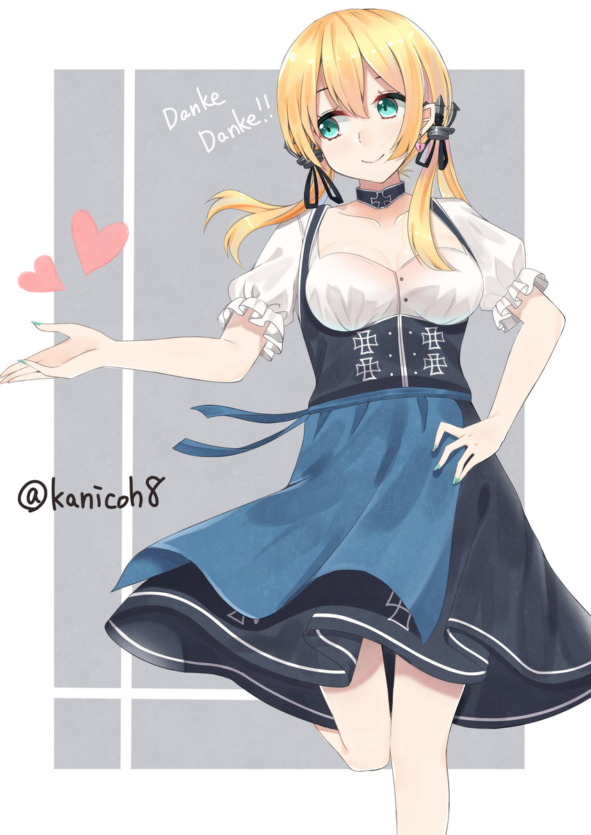 absurdres anchor_hair_ornament bad_id bad_twitter_id bangs blonde_hair blue_eyes blue_nails blush choker commentary_request dirndl german german_clothes hair_ornament hand_on_hip hand_up heart highres kanikou kantai_collection leg_up low_neckline low_twintails nail_polish open_mouth prinz_eugen_(kantai_collection) puffy_short_sleeves puffy_sleeves short_sleeves smile solo translated twintails twitter_username underbust