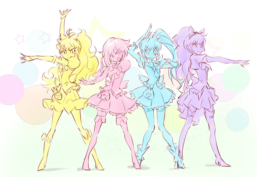 ahoge blake_belladonna blush boots bow cosplay cure_fortune cure_fortune_(cosplay) cure_honey cure_honey_(cosplay) cure_lovely cure_lovely_(cosplay) cure_princess cure_princess_(cosplay) embarrassed facial_scar hair_bow happinesscharge_precure! highres iesupa knee_boots magical_girl multiple_girls pose precure ruby_rose rwby scar skirt thigh_boots thighhighs weiss_schnee wide_ponytail yang_xiao_long