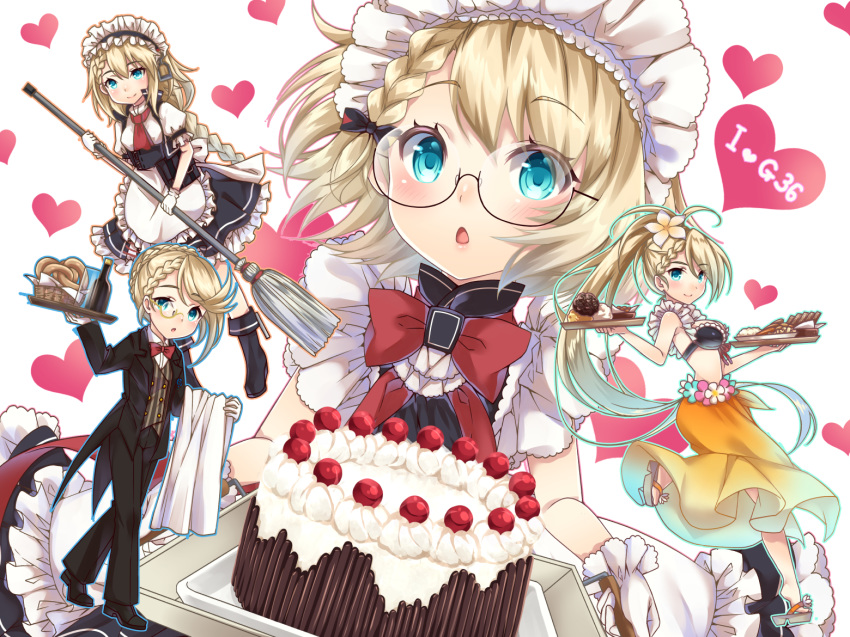 anthropomorphism apron aqua_eyes baretto bikini_top blonde_hair blush bow braids cake cherry drink food fruit g36_(girls_frontline) girls_frontline glasses gloves headdress long_hair maid ponytail short_hair