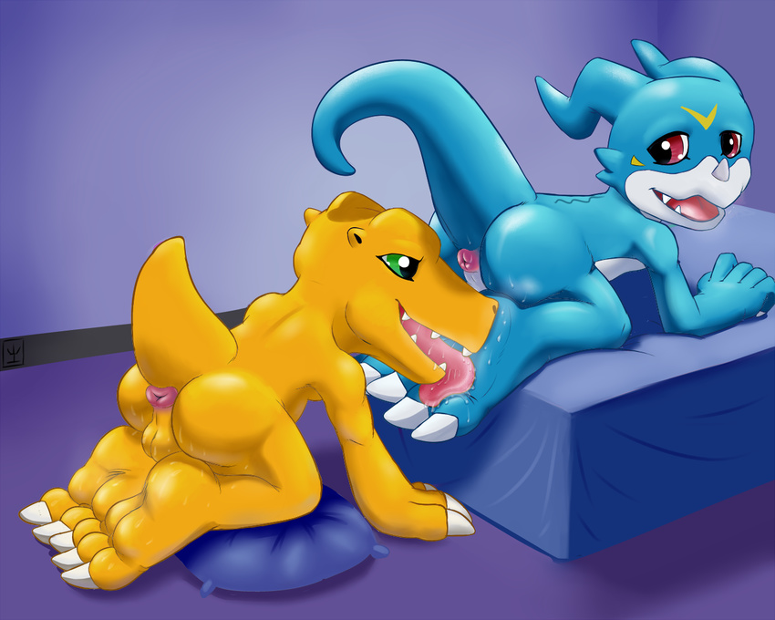 agumon all_fours anthro anus backsack balls bed digimon drooling duo eviljake2 foot_fetish foot_lick licking looking_back male male/male nude on_bed perineum pillow puffy_anus raised_tail saliva scalie signature tongue tongue_out veemon