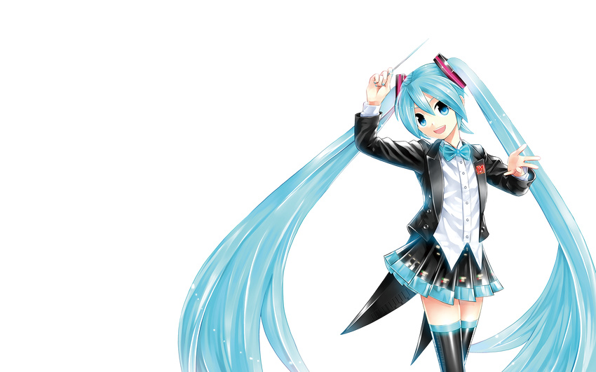 aqua_eyes aqua_hair bow hatsune_miku highres kei_(keigarou) long_hair miku_symphony_(vocaloid) miniskirt skirt smile solo tailcoat thighhighs transparent_background twintails very_long_hair vocaloid zettai_ryouiki