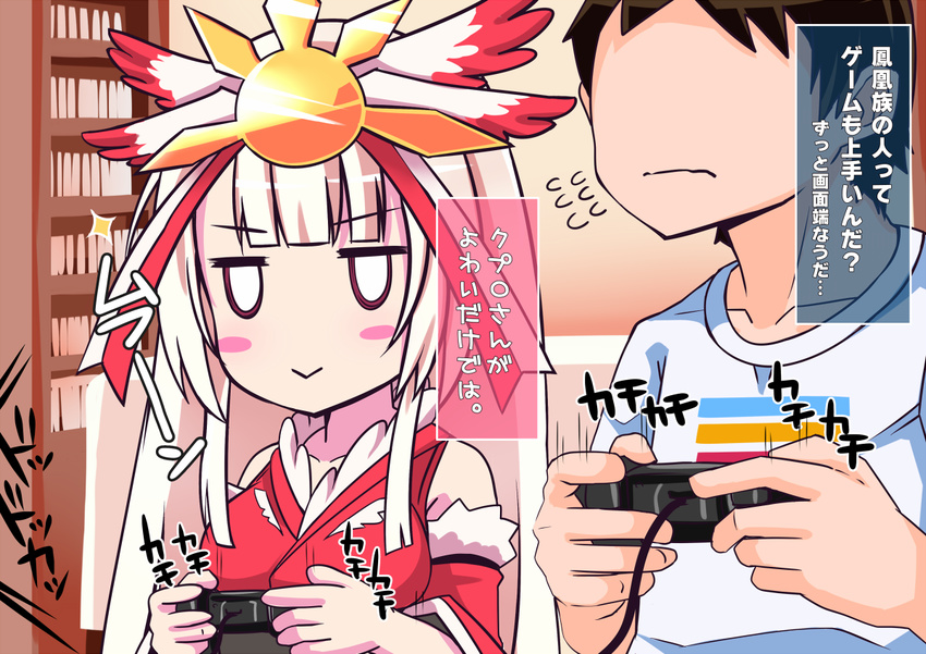 1girl bare_shoulders beatmania beatmania_iidx blush_stickers bookshelf breasts faceless faceless_male flying_sweatdrops houou_rinka ini_(mocomocccos) medium_breasts pink_eyes playing_games smile translated