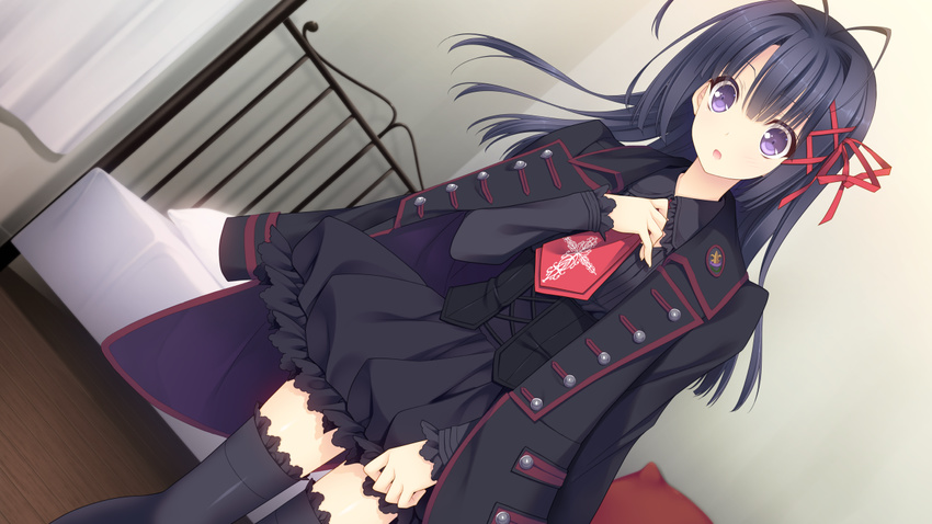 :o antenna_hair bed black_dress black_hair blush dress dutch_angle eyebrows eyebrows_visible_through_hair game_cg hand_on_own_chest highres indoors jacket legs long_hair long_sleeves looking_at_viewer nishimata_aoi ookura_resona otome_riron_to_sono_shuuhen:_ecole_de_paris otome_riron_to_sonogo_no_shuuhen:_belle_Ã©poque parted_lips pillow purple_eyes solo standing suzuhira_hiro thighhighs thighs