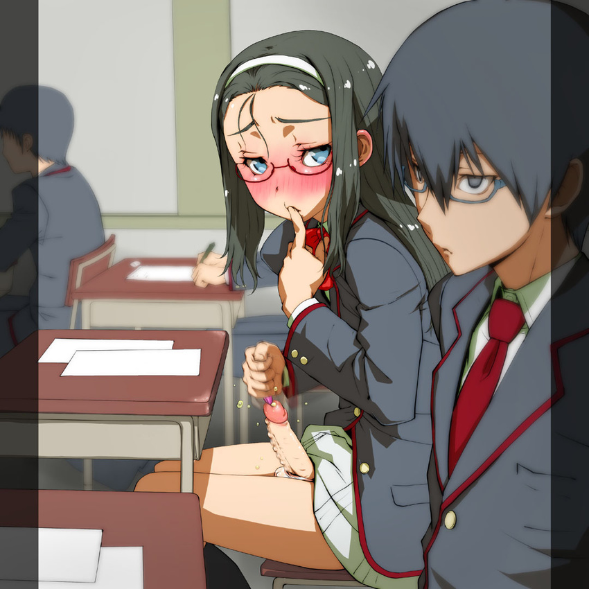 androgynous black_hair blue_eyes blush classroom crossdressing decensored desk finger_to_mouth glasses hairband heart long_hair male_focus masturbation multiple_boys necktie object_insertion original peeing penis photoshop public school school_uniform semi-rimless_glasses skirt sounding stealth_masturbation tekuteku_(yuuhodou) trap uncensored under-rim_glasses urethral_beads urethral_insertion