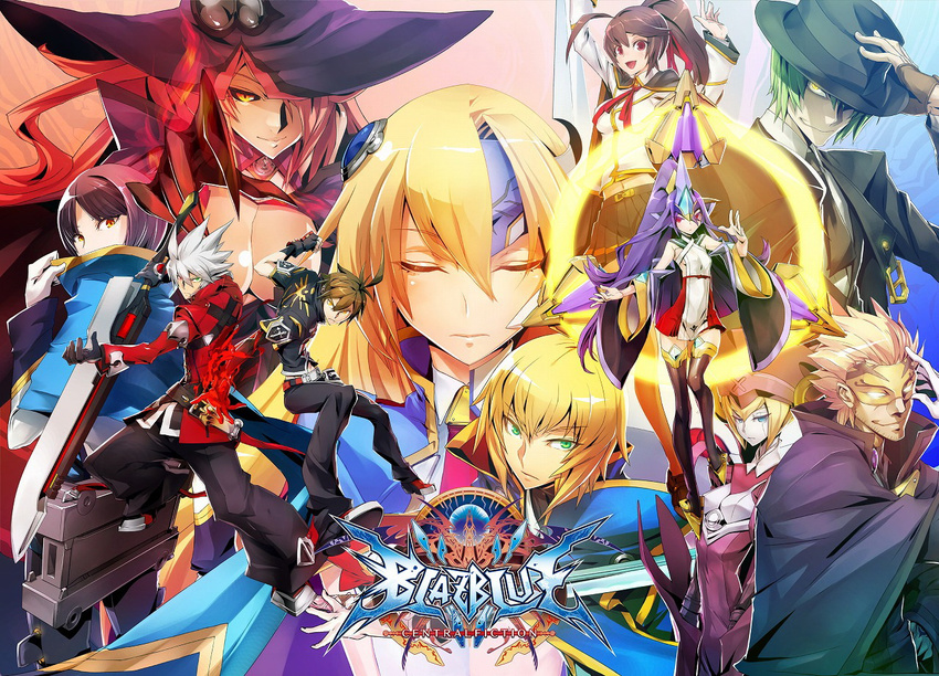 bare_shoulders black_sclera blazblue blazblue:_central_fiction breasts celica_a_mercury detached_sleeves hades_izanami hazama hibiki_kohaku katou_yuuki konoe_a_mercury mikado_(blazblue) mu-12 naoto_kurogane noel_vermillion official_art purple_hair ragna_the_bloodedge red_eyes relius_clover sideboob skirt very_long_hair