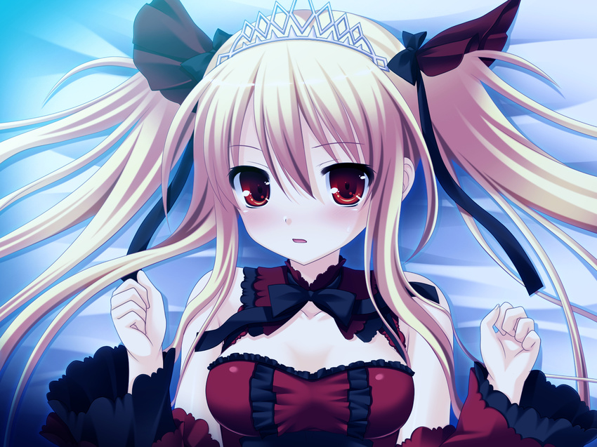 bare_shoulders blonde_hair bloody_rondo blush breasts female game_cg hair_ornament hair_ribbon highres lolita_fashion long_hair looking_at_viewer luna_freed_queen lying makita_maki on_back open_mouth red_eyes ribbon solo tiara tied_hair twintails