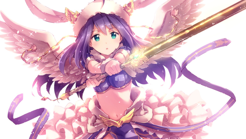 aqua_eyes bikini_top hat idolmaster ima_(lm_ew) long_hair mochizuki_anna purple_hair ribbons skirt sword waifu2x weapon wings