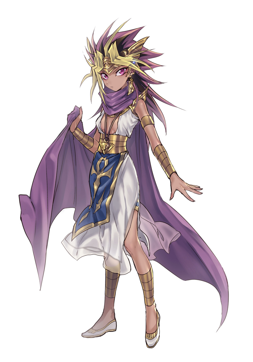 absurdres atem bad_id bad_pixiv_id blonde_hair breasts cape center_opening dress earrings full_body genderswap genderswap_(mtf) gold highres jewelry long_hair looking_at_viewer maruchi millennium_puzzle multicolored_hair purple_eyes simple_background small_breasts solo spiked_hair white_background white_dress yuu-gi-ou yuu-gi-ou_duel_monsters