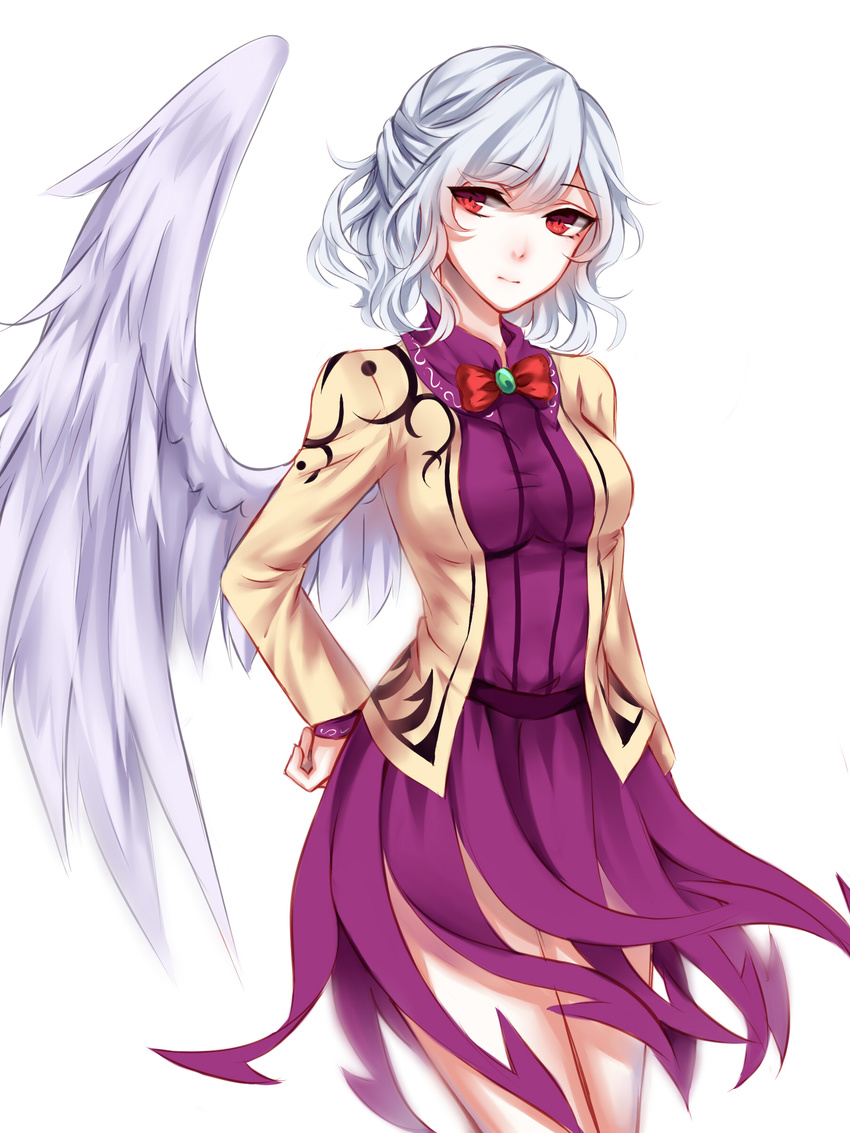 absurdres angel_wings arm_at_side bad_id bad_pixiv_id bow braid breasts brooch brown_jacket cowboy_shot dress expressionless eyes_visible_through_hair french_braid grey_wings hair_between_eyes hand_on_hip highres jacket jewelry kishin_sagume long_sleeves looking_to_the_side medium_breasts purple_dress red_eyes sheya short_dress short_hair silver_hair simple_background single_wing solo thighs touhou white_background wings