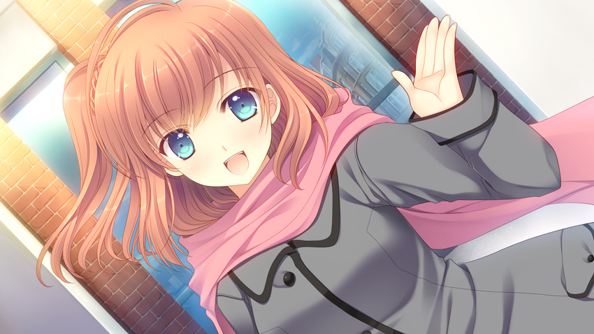 blue_eyes bluette_nicolette_planquette blush coat dutch_angle eyebrows eyebrows_visible_through_hair floating_hair game_cg happy highres long_sleeves looking_at_viewer nishimata_aoi open_mouth orange_hair otome_riron_to_sono_shuuhen:_ecole_de_paris otome_riron_to_sonogo_no_shuuhen:_belle_Ã©poque outdoors scarf short_hair side_ponytail smile solo standing suzuhira_hiro tsuki_ni_yorisou_otome_no_sahou waving wind