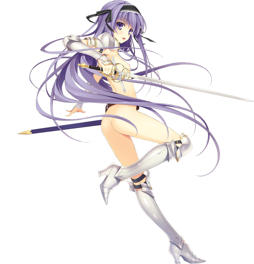 absurdres armor armored_boots boots breasts fujimori_yuu highres koikishi_purely_kiss long_hair no_bra no_panties purple_eyes purple_hair simple_background small_breasts smile smiley_face solo sword weapon white_background yuuki_hagure