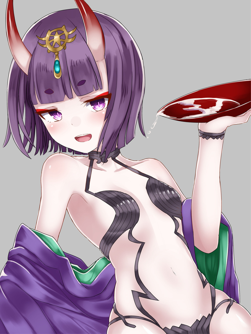 :d alcohol bangs bare_shoulders blunt_bangs bob_cut breasts clothes_down collarbone cowboy_shot cup eyebrows eyebrows_visible_through_hair fate/grand_order fate_(series) grey_background highres holding horns japanese_clothes jewelry jitome kimono looking_at_viewer navel oni oni_horns open_mouth pale_skin purple_eyes purple_hair revealing_clothes sakazuki sake short_hair shuten_douji_(fate/grand_order) simple_background slit_pupils small_breasts smile solo templus thick_eyebrows