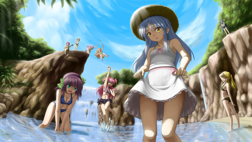 angel_beats! bikini cliff danbora dress fisheye hat highres hisako_(angel_beats!) irie_(angel_beats!) iwasawa multiple_girls perspective sekine shiina_(angel_beats!) skirt_hold swimsuit tenshi_(angel_beats!) water waterfall yui_(angel_beats!) yuri_(angel_beats!) yusa_(angel_beats!)