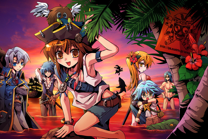 6+boys cloud crocodile crocodilian dolphin duel_monster edo_phoenix hat johan_andersen jolly_roger manjoume_jun marufuji_ryou marufuji_shou multiple_boys ocean palm_tree pirate_hat ship sky tenjouin_asuka tree watercraft winged_kuriboh yamadori_ofuu yuu-gi-ou yuu-gi-ou_gx yuuki_juudai