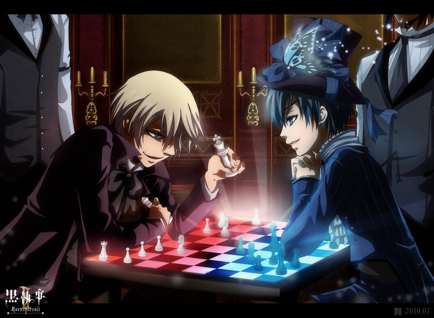 alois_trancy blonde_hair board_game bug butterfly chess ciel_phantomhive claude_faustus formal glowing hat insect kuromai kuroshitsuji male_focus multiple_boys sebastian_michaelis top_hat