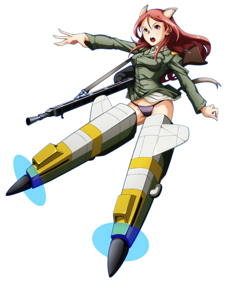 animal_ears gun hands highres long_hair machine_gun military military_uniform minna-dietlinde_wilcke open_mouth outstretched_arm outstretched_hand panties pink_eyes red_hair shirt simple_background solo strike_witches striker_unit tabigarasu tail taut_clothes taut_shirt underwear uniform weapon world_witches_series