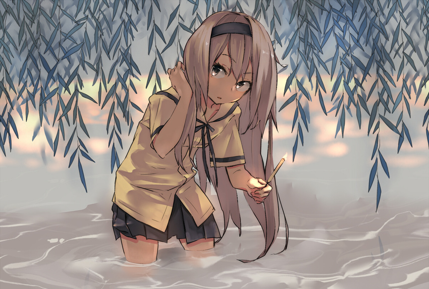 bad_id bad_pixiv_id candle festival grey_hair hair_flip hairband long_hair original ponkan_8 school_uniform serafuku skirt solo tree wading water