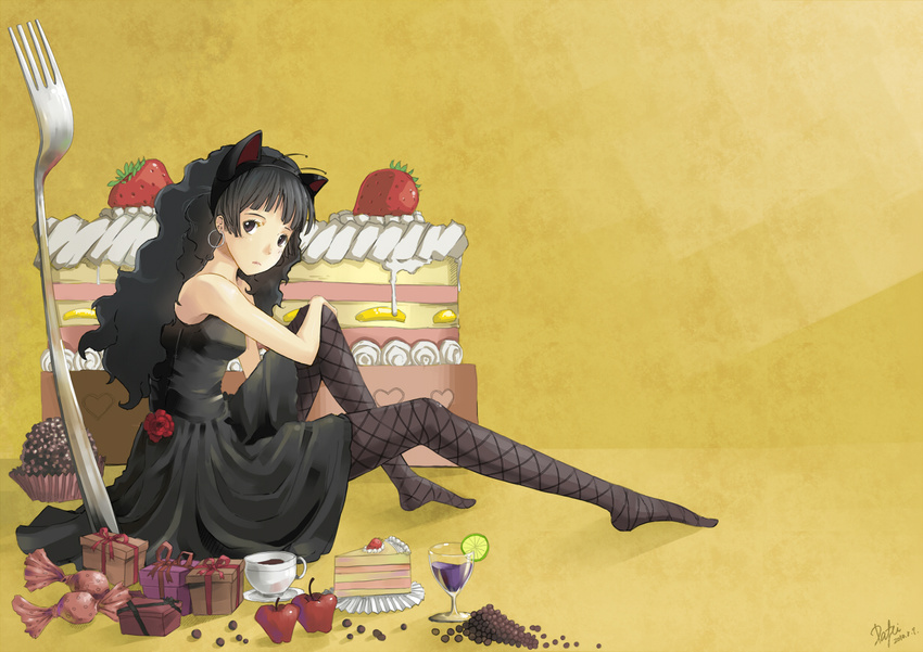 akiyama_mio animal_ears antennae apple black_eyes black_hair cake candy cat_ears cup dafei dress drinking_glass earrings fishnet_pantyhose fishnets food fork fruit gift grapes jewelry k-on! lime_(fruit) listen!! long_hair pantyhose sitting solo strawberry wine_glass