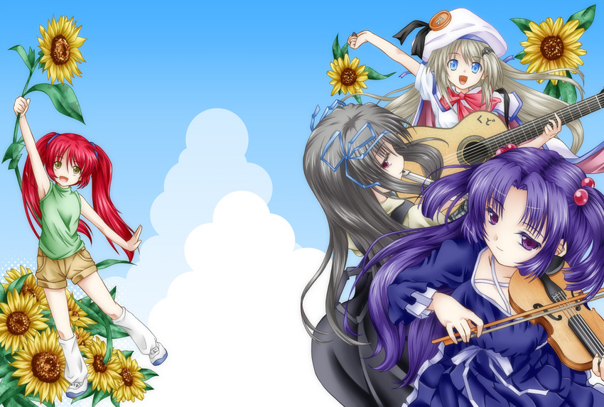 acoustic_guitar air character_request clannad company_connection crossover dress flower flute guitar instrument key_(company) little_busters! long_hair michiru_(air) multiple_girls noumi_kudryavka school_uniform sunflower toono_minagi tsukineko violin