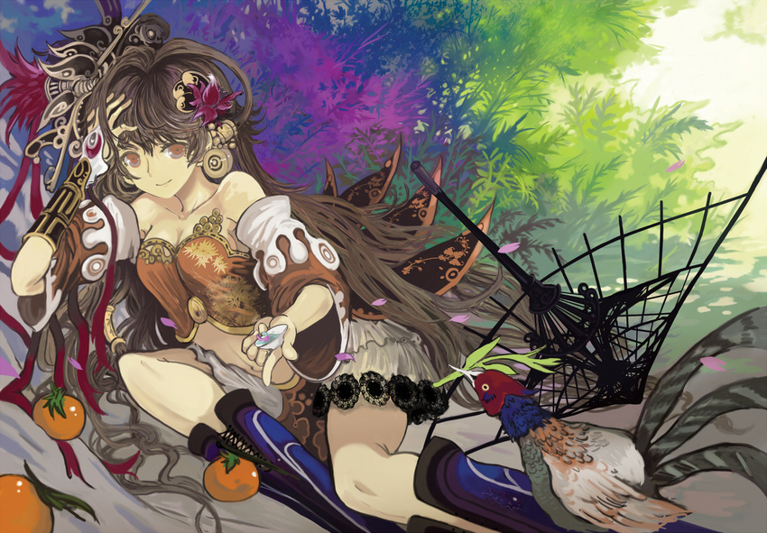 bird boots bridal_gauntlets brown_eyes brown_hair detached_sleeves food fruit hair_ornament long_hair midriff oriental_umbrella original parasol persimmon petals sasurai_susuki smile solo umbrella