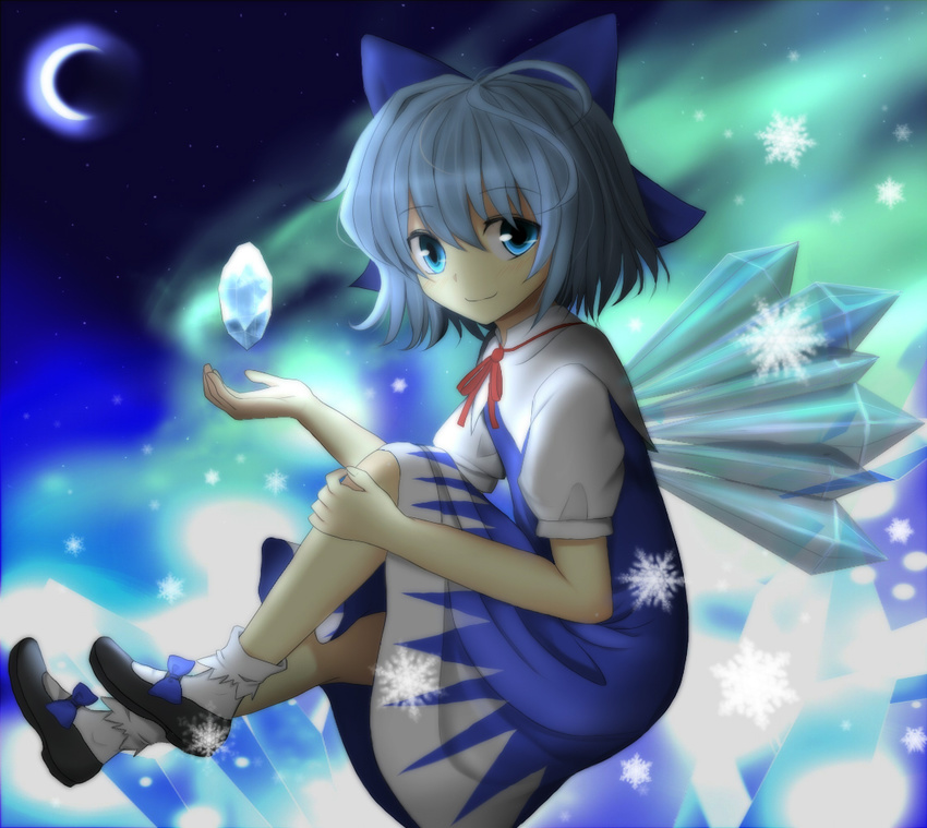 blue_dress blue_eyes blue_hair bow bowtie bunchou_(bunchou3103) cirno dress from_side hair_bow ice mary_janes moon night shoes short_hair sitting smile snow snowflakes socks solo touhou wings