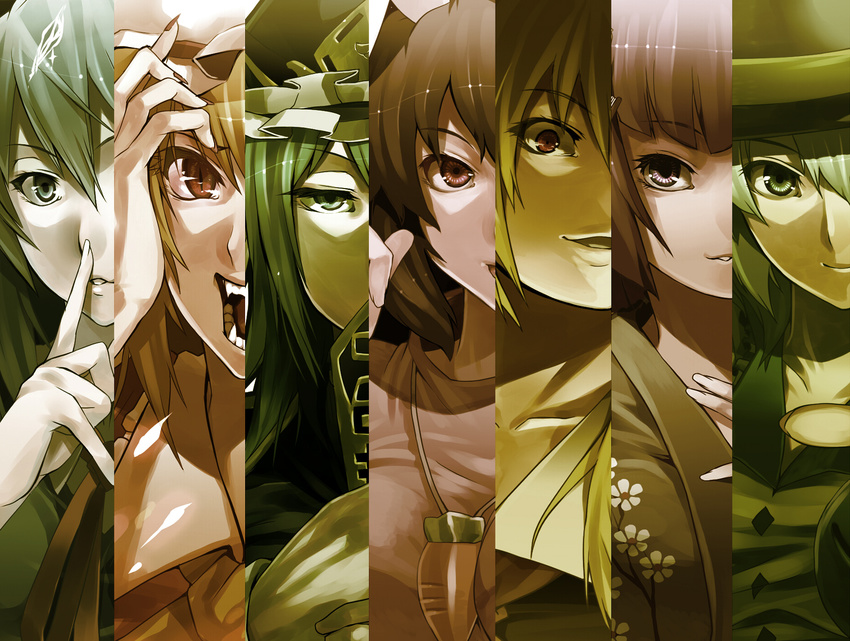 animal_ears blonde_hair blue_eyes blue_hair brown_hair bunny_ears carrot carrot_necklace cirno column_lineup fangs finger_to_mouth flandre_scarlet flower green_eyes green_hair hat hieda_no_akyuu highres ice image_sample inaba_tewi irohara_mitabi jewelry komeiji_koishi lips md5_mismatch multiple_girls nail_polish necklace older pixiv_sample purple_eyes red_eyes rod_of_remorse rumia shiki_eiki shushing slit_pupils touhou