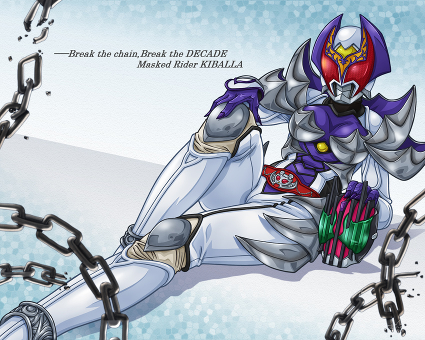 belt chain dutch_angle english fuji_shuuji hand_on_own_knee helmet kamen_rider kamen_rider_dcd kamen_rider_decade kamen_rider_kivala knee_pads knee_up looking_at_viewer md5_mismatch text_focus