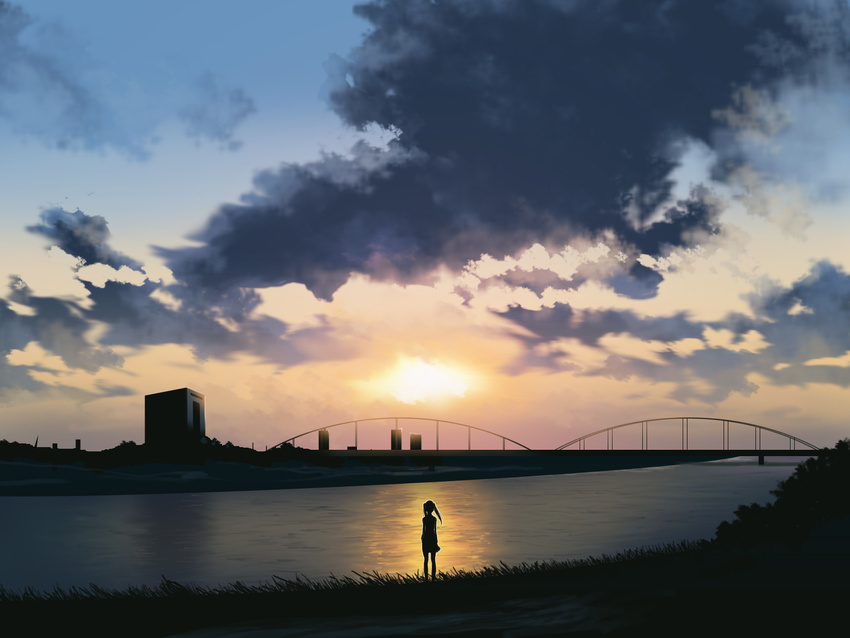 bad_id bad_pixiv_id bridge cloud copyright_request grass highres river scenery shadow sky solo sun sunset tomo1030 twintails water