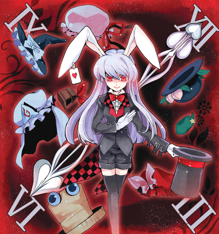 animal_ears bow bowtie bunny_ears gloves hakoiri_nekohime hat hat_removed headwear_removed highres long_hair magician purple_hair red_eyes reisen_udongein_inaba smile solo thighhighs touhou
