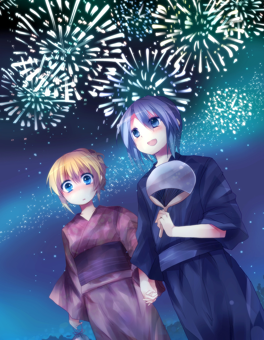 1girl aerial_fireworks bad_id bad_pixiv_id blonde_hair blue_eyes fireworks highres holding_hands japanese_clothes kanon_(umineko) kimono okara_kirazu umineko_no_naku_koro_ni ushiromiya_jessica yukata