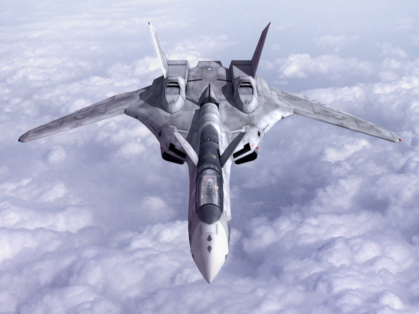 airplane cloud day flying highres jet macross macross_7 macross_plus mecha no_humans realistic ringpull u.n._spacy variable_fighter vf-19 yf-19