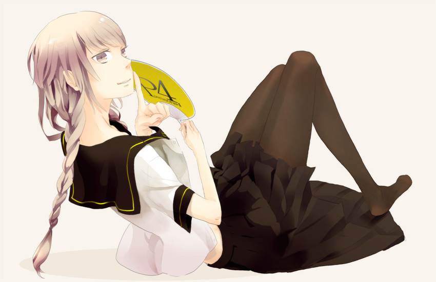 braid crossdressing fan grey_eyes grey_hair hoe_(dbp) male_focus narukami_yuu otoko_no_ko pantyhose persona persona_4 school_uniform serafuku solo twin_braids